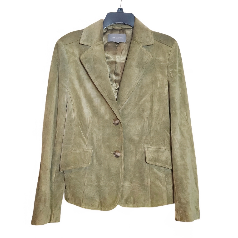 Ann Taylor Suede Leather Jacket Blazer Olive Green Lined size 12